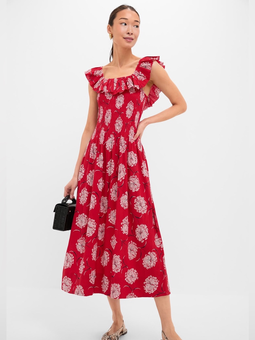 THE GREAT. Havana Red Floral Ruffle Shoulder Smocked Bodice Maxi Dress size 1